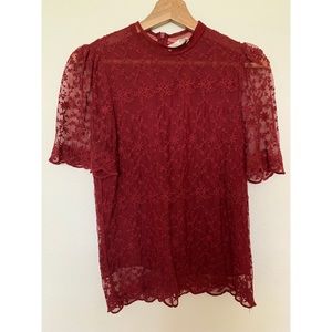 NWOT Embroidery and Lace Detail Mock Neck Top